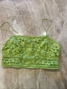 Free People One Lace Crochet Camisole Crop Top - Lime Green